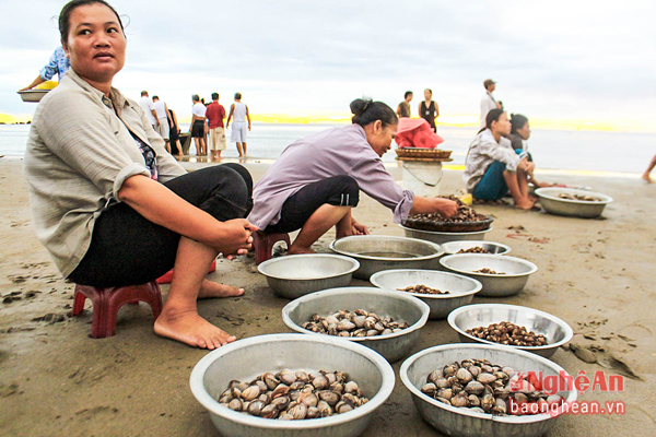 Người dân bán hải sản ngay trên bãi biển phục vụ khách.