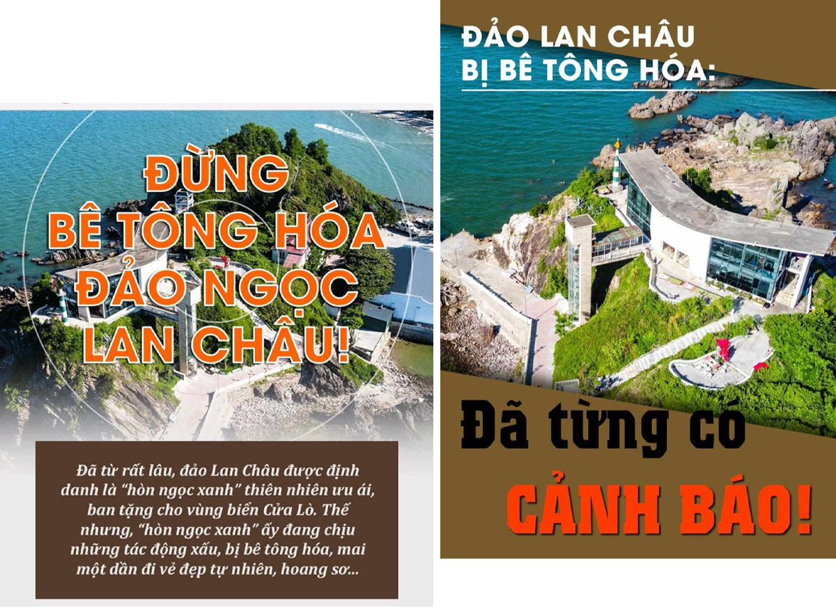Bìa các bài viết “Đừng bê tông hóa đảo ngọc Lan Châu”; “Đảo Lan Châu bị bê tông hóa: Đã từ được cảnh báo!”.