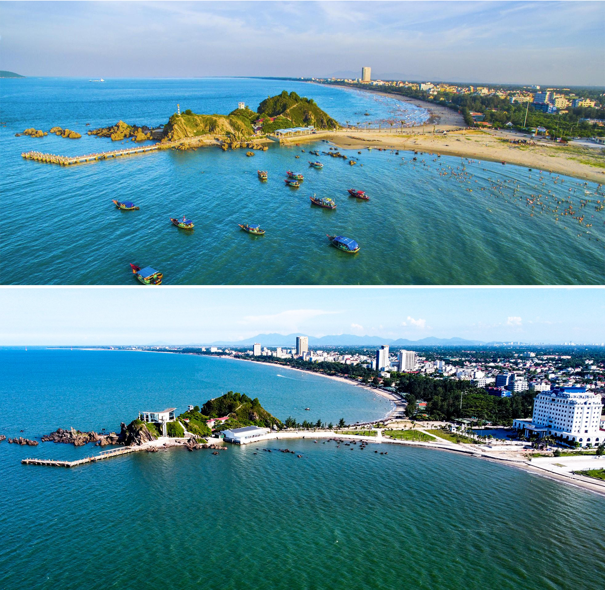 Đảo Lan Châu trước (ảnh trên) và sau khi có những hoạt động xây dựng mới. Ảnh: Sỹ Minh - Thành Cường