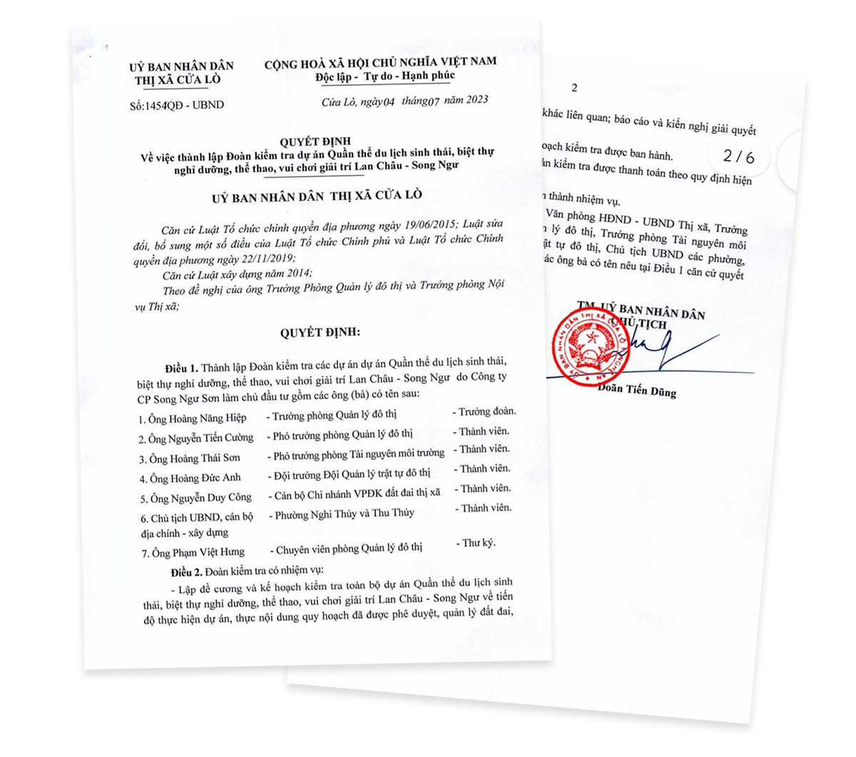 Quyết định số1454/QĐ – UBND ngày 4/7/2023 của UBND thị xã Cửa Lò thành lập Đoàn kiểm tra Dự án Quần thể du lịch Lan Châu - Song Ngư.
