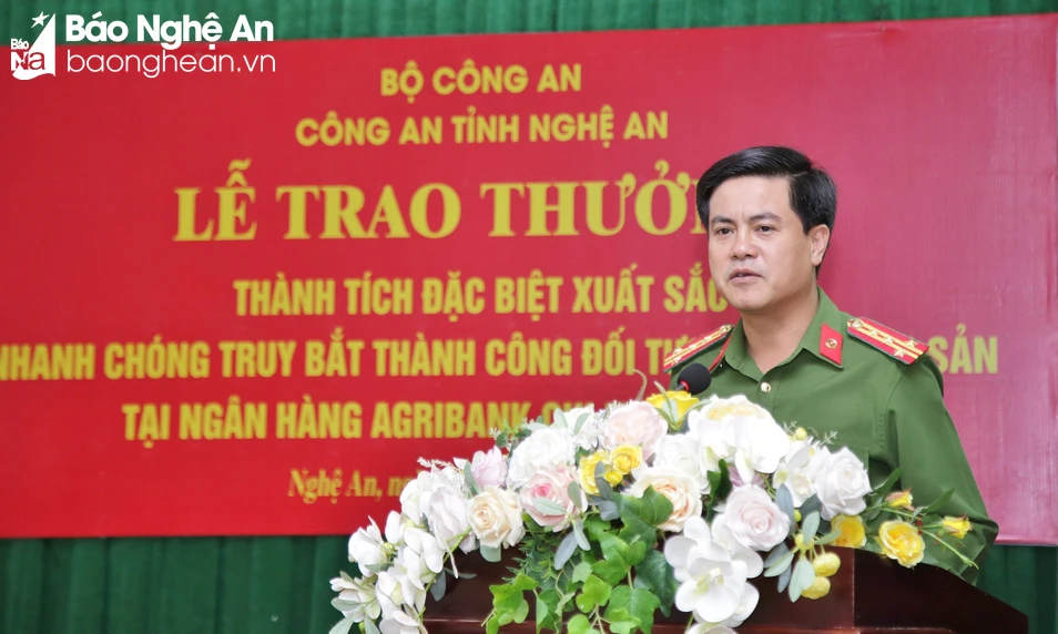 Đồng chí Đại tá Nguyễn Đức Hải, Phó Giám đốc Công an tỉnh phát biểu tại Lễ trao thưởng. Ảnh: Phạm Thủy - Minh Khôi.
